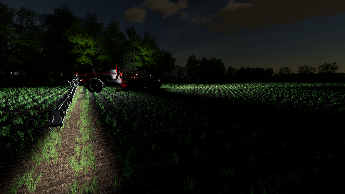 Night spraying herbicide with beatiful beast of a tractor Valtra G and Kuhn