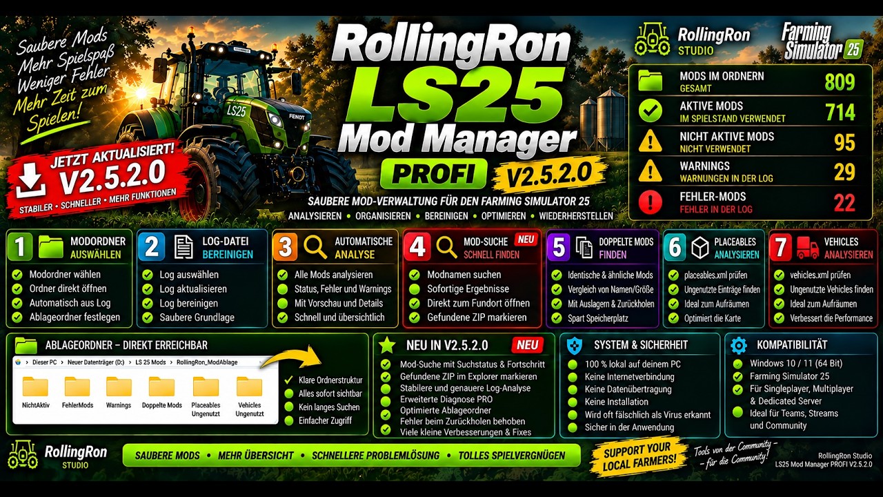 LS25 Mod Manager PROFI V2.5.2.0 🚜 Mods analysieren, Fehler finden & Ordnung schaffen | RollingRon