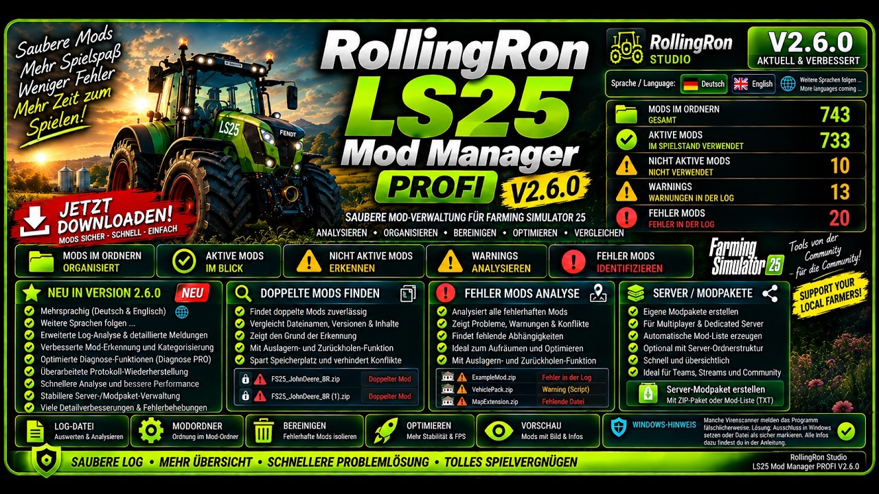 LS25 Mod Manager PRO New V2.6.0.0 🚜 Mods analysieren, Fehler finden & Ordnung schaffen | RollingRon